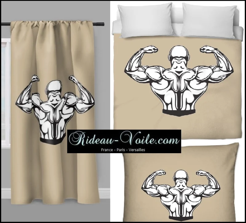Motif sport musculation body fitness rideau coussin couette tissu au mètre beige