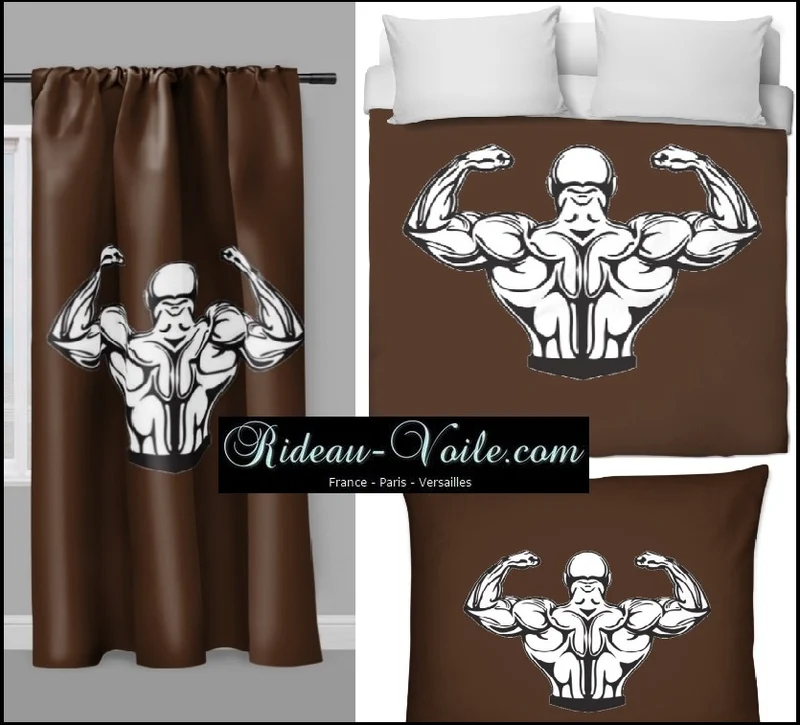 Motif sport musculation body fitness rideau coussin couette tissu au mètre marron