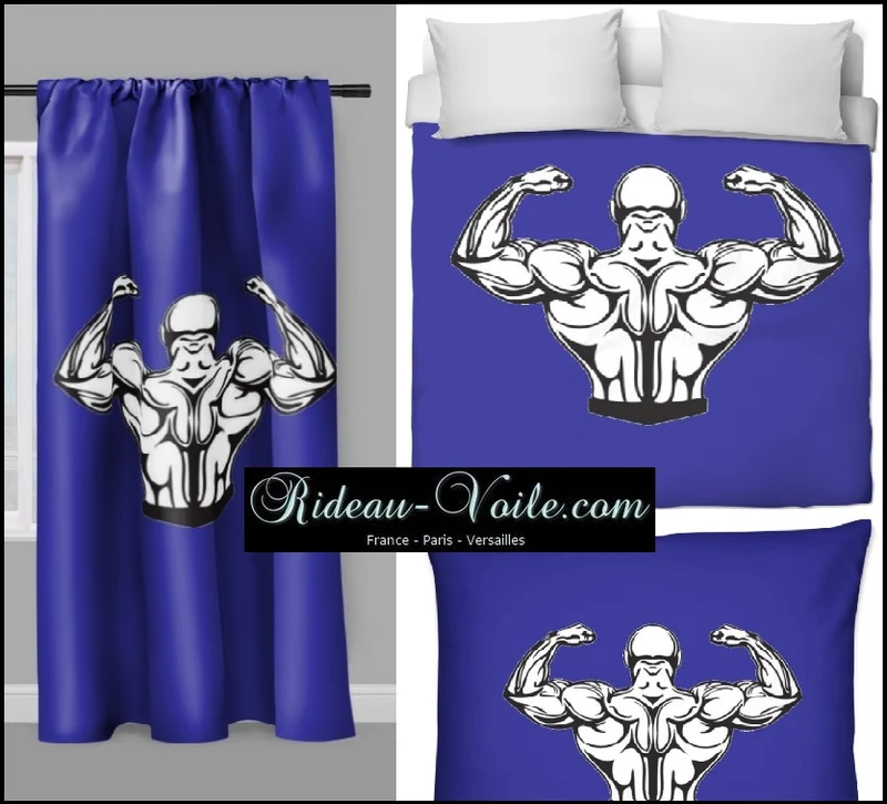 Motif sportif rideau coussin couette tissu bleu marine musculation dos full body