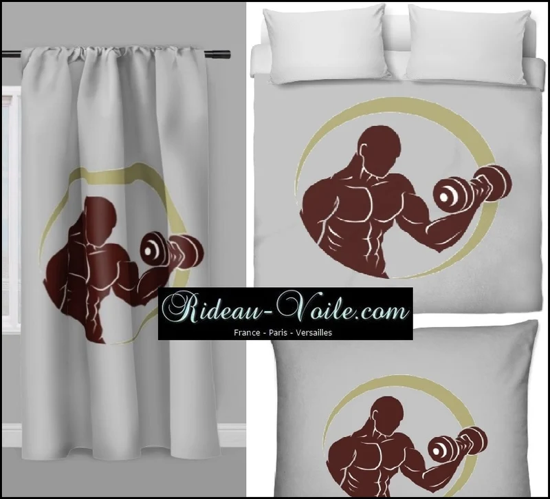 Motif sport rideau coussin couette Fitness musculation full body tissu gris au mètre