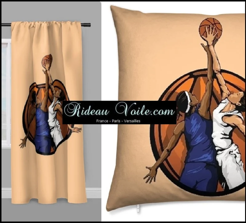Tissu au mètre motif Basketball ballon joueur joueuse sport rideau coussin couette orange