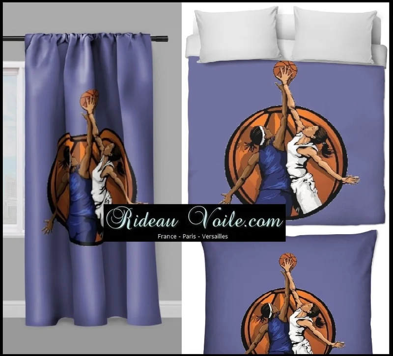 Tissu au mètre violet motif Basketball ballon joueur joueuse sport rideau coussin couette