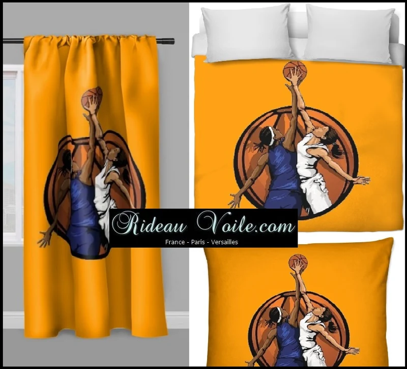 Tissu au mètre motif Basketball ballon joueur joueuse sport rideau coussin couette orange