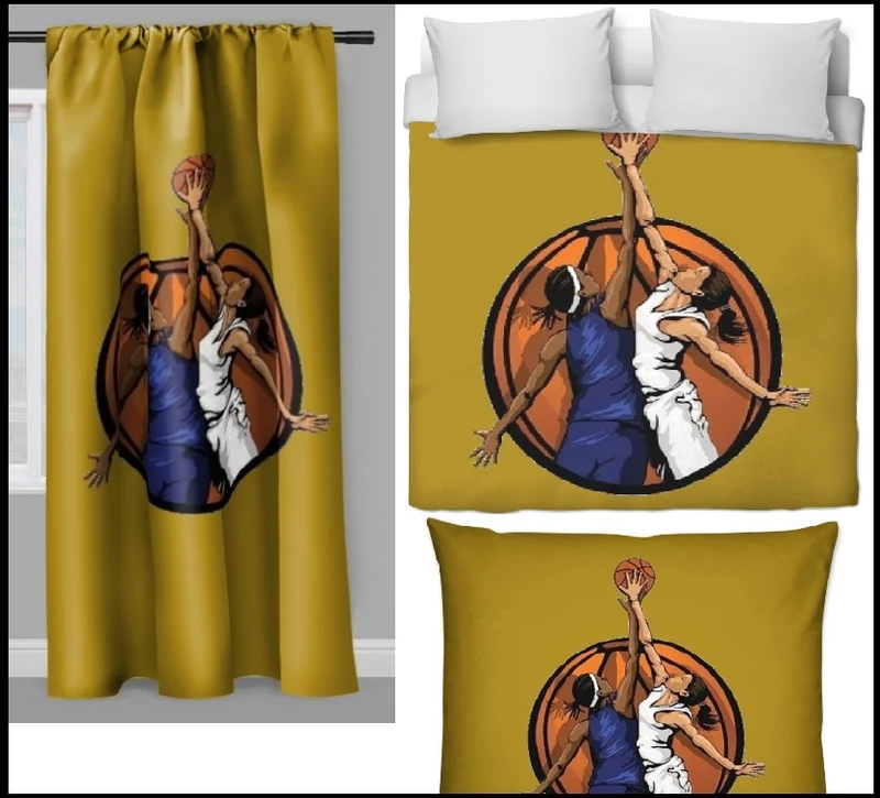 Tissu au mètre vert motif Basketball ballon joueur joueuse sport rideau coussin couette