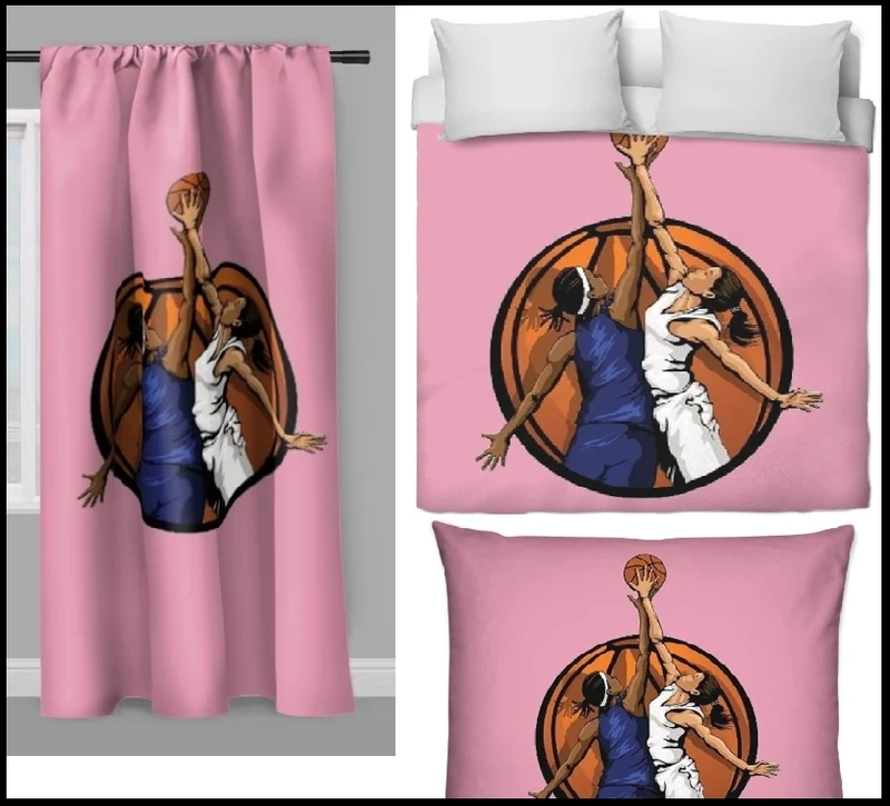 Tissu au mètre motif Basketball ballon joueur joueuse sport rideau coussin couette rose