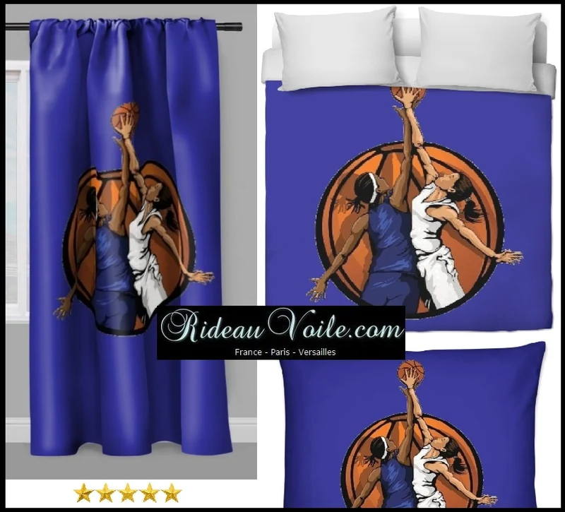 Tissu au mètre bleu motif Basketball ballon joueur joueuse sport rideau coussin couette