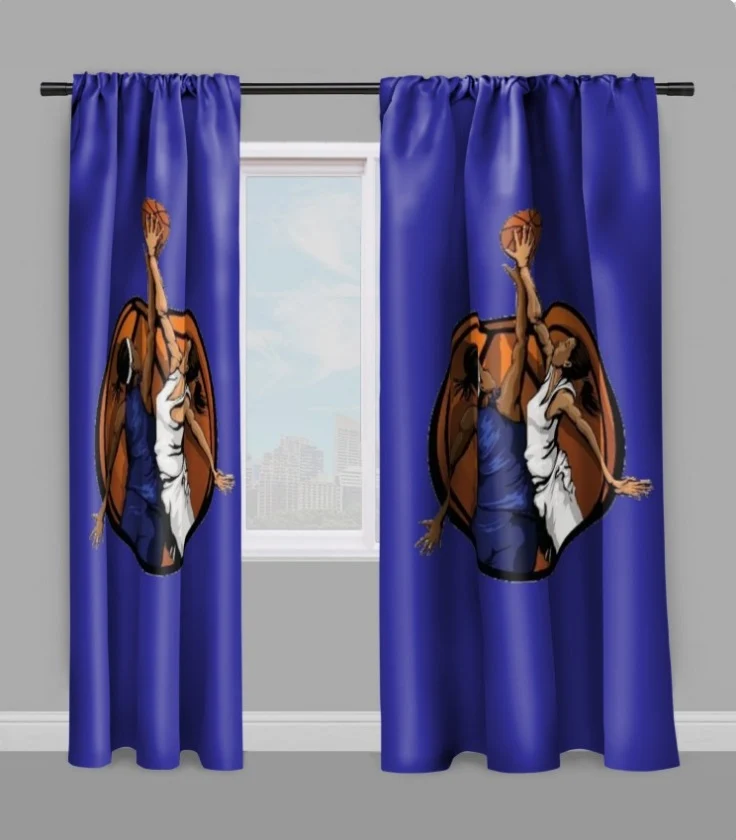 Tissu au mètre bleu motif Basketball ballon joueur joueuse sport rideau coussin couette