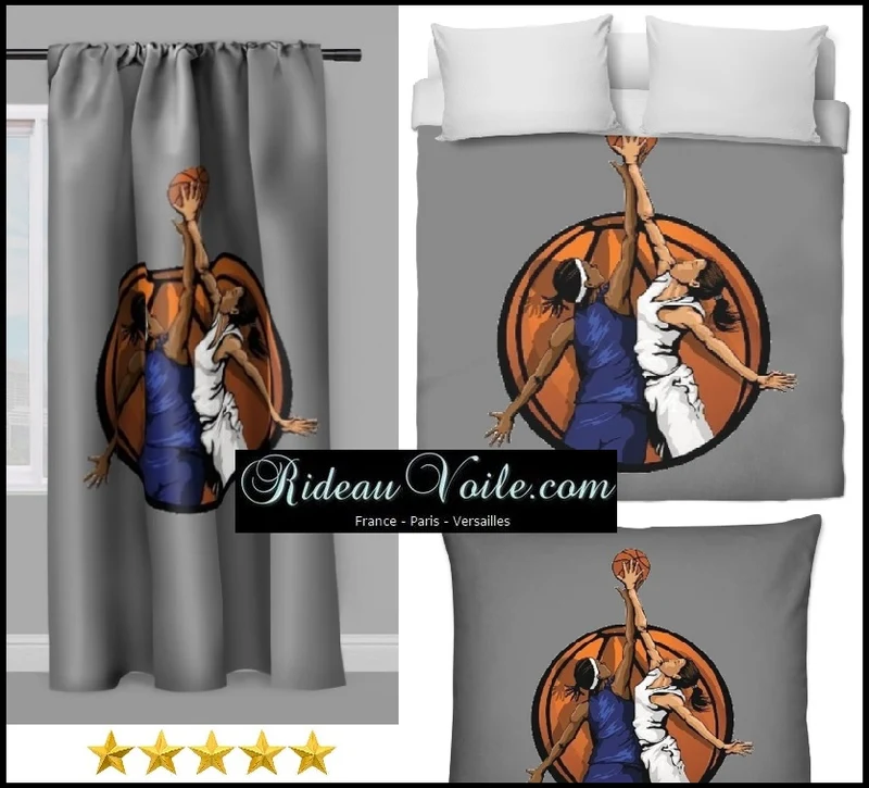 Tissu au mètre sport motif basketball ballon joueur joueuse rideau coussin couette gris