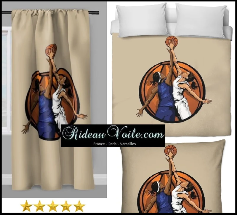 Tissu au mètre sport motif beige basketball ballon joueur joueuse rideau coussin couette