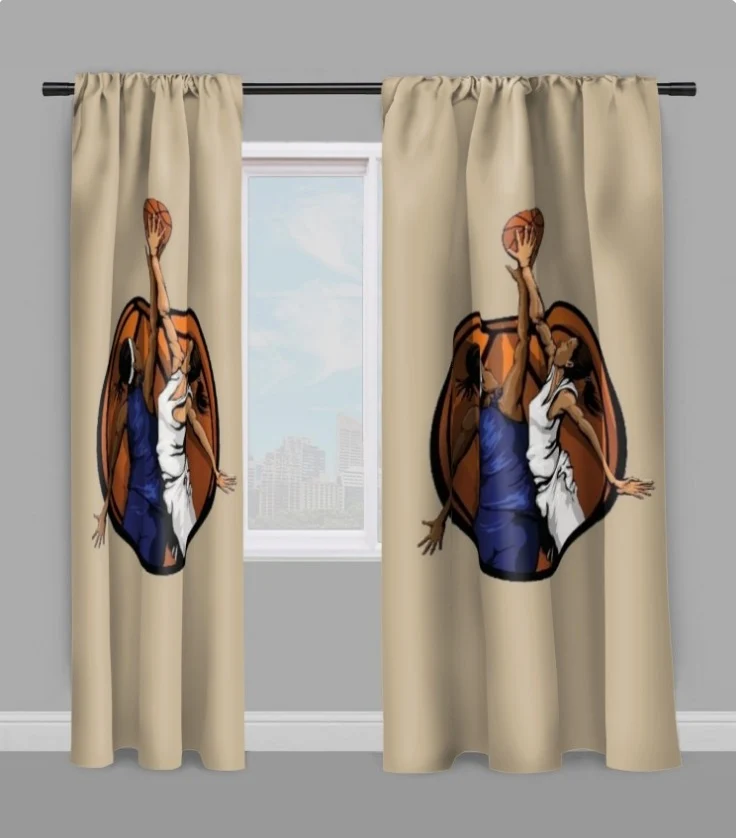 Tissu au mètre sport motif basketball ballon joueur joueuse rideau beige coussin couette