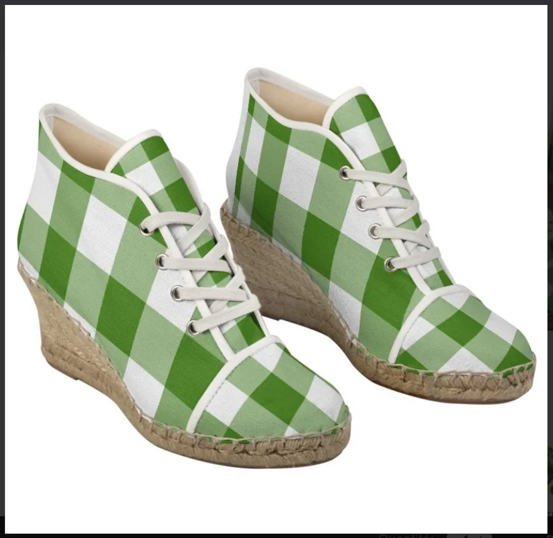 Espadrilles compensées tissu carreaux vichy vert