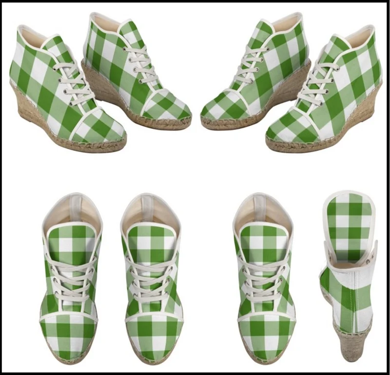 Espadrilles compensées tissu carreaux vichy vert