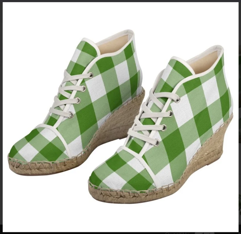 Espadrilles compensées tissu carreaux vichy vert