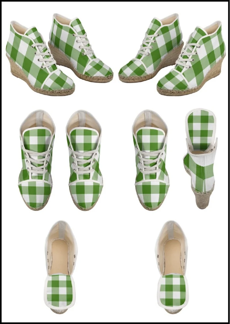 Espadrilles compensées tissu carreaux vichy vert