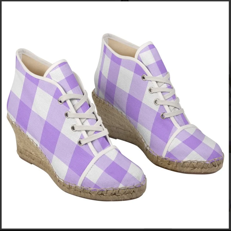 Espadrilles compensées tissu carreaux vichy violet lilas