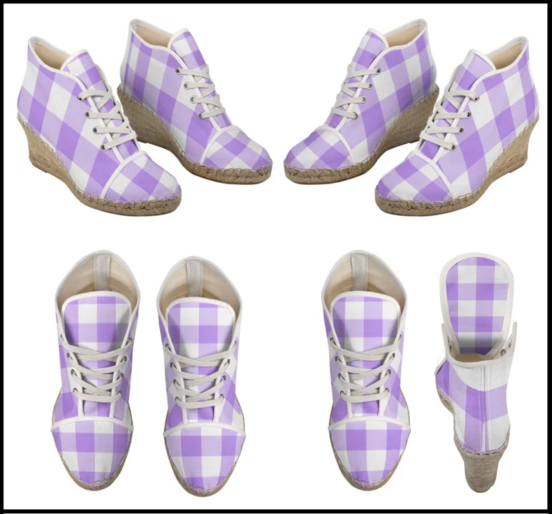 Espadrilles compensées tissu carreaux vichy violet lilas