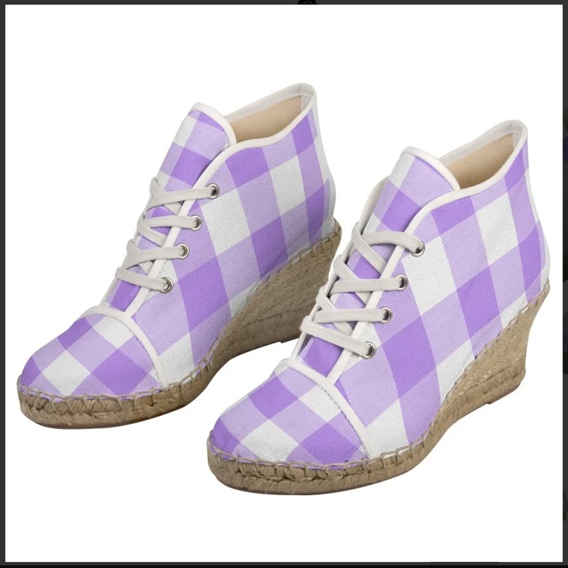 Espadrilles compensées tissu carreaux vichy violet lilas