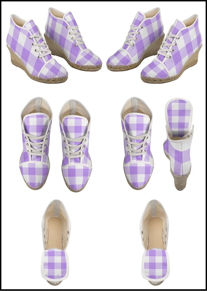 Espadrilles compensées tissu carreaux vichy violet lilas