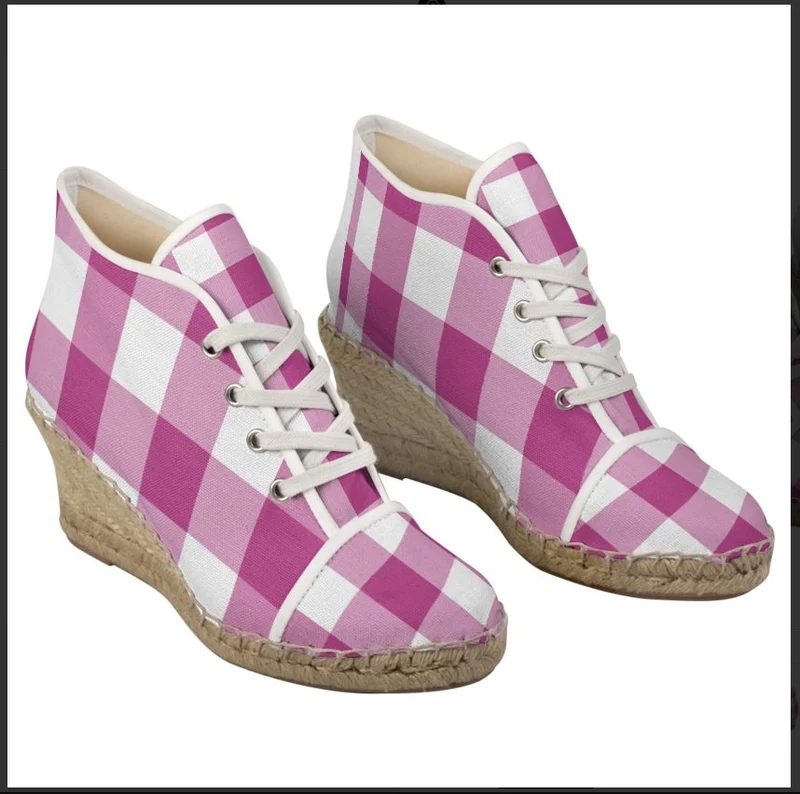 Espadrilles compensées tissu carreaux vichy rose fushia
