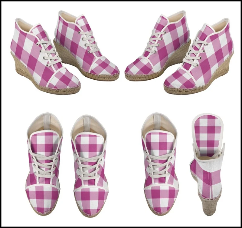 Espadrilles compensées tissu carreaux vichy rose fushia