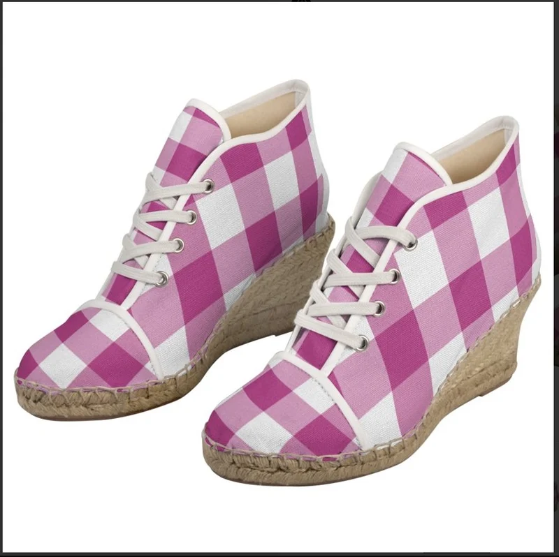 Espadrilles compensées tissu carreaux vichy rose fushia