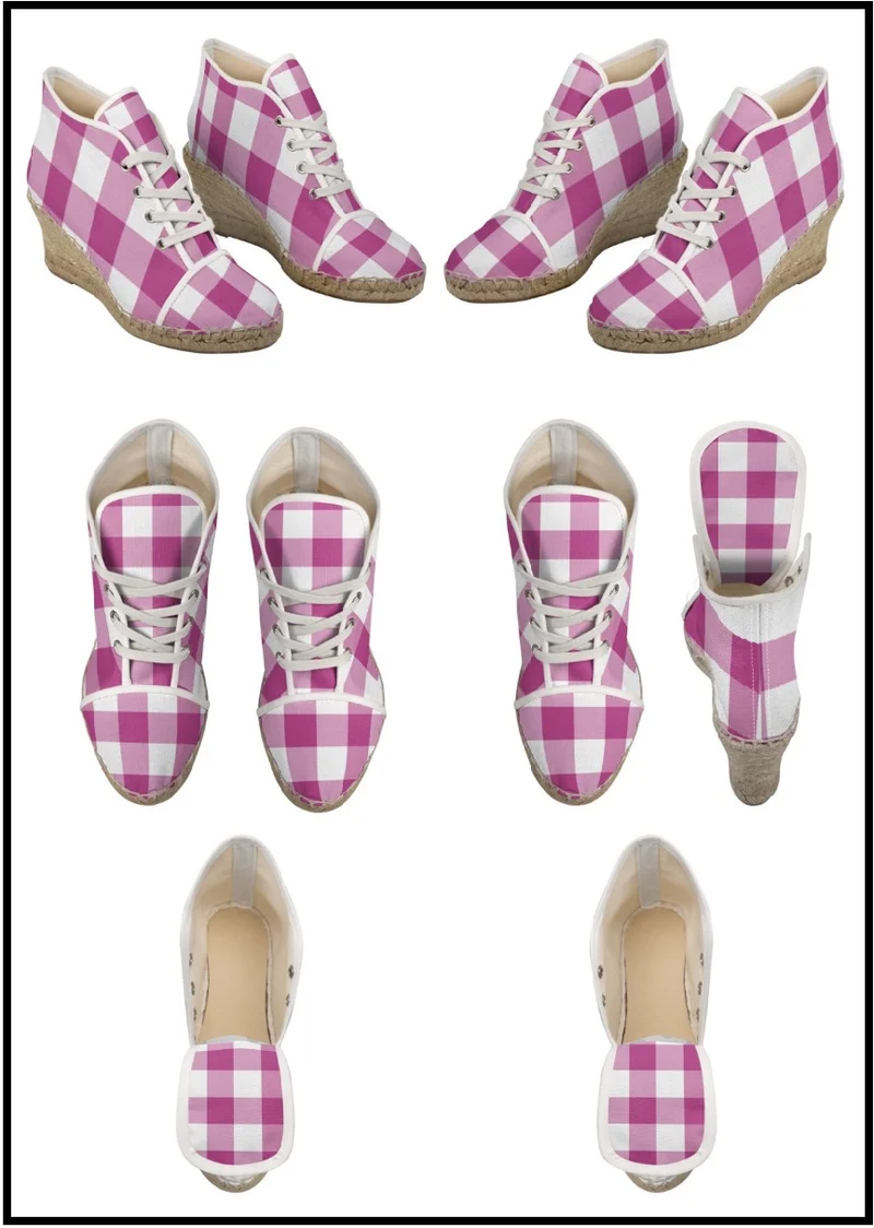 Espadrilles compensées tissu carreaux vichy rose fushia