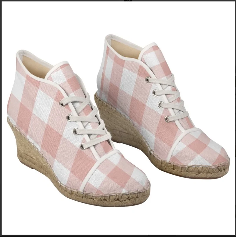 Espadrilles compensées tissu carreaux vichy rose