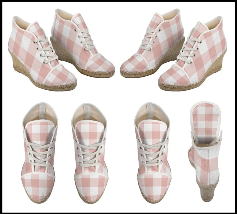 Espadrilles compensées tissu carreaux vichy rose