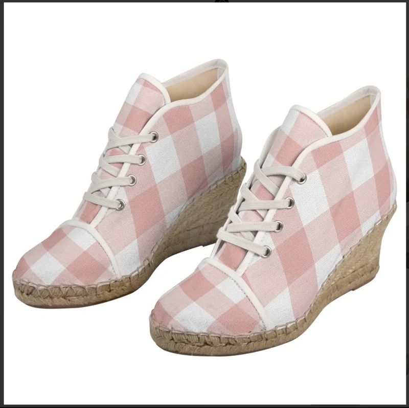Espadrilles compensées tissu carreaux vichy rose