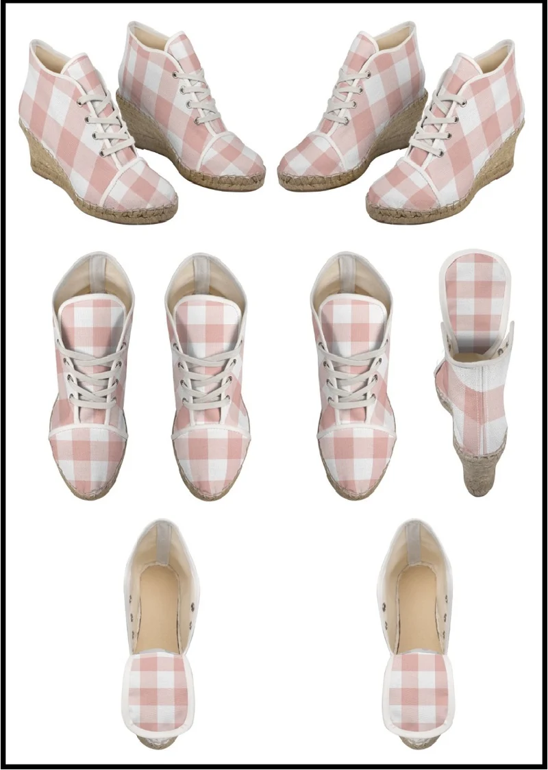 Espadrilles compensées tissu carreaux vichy rose