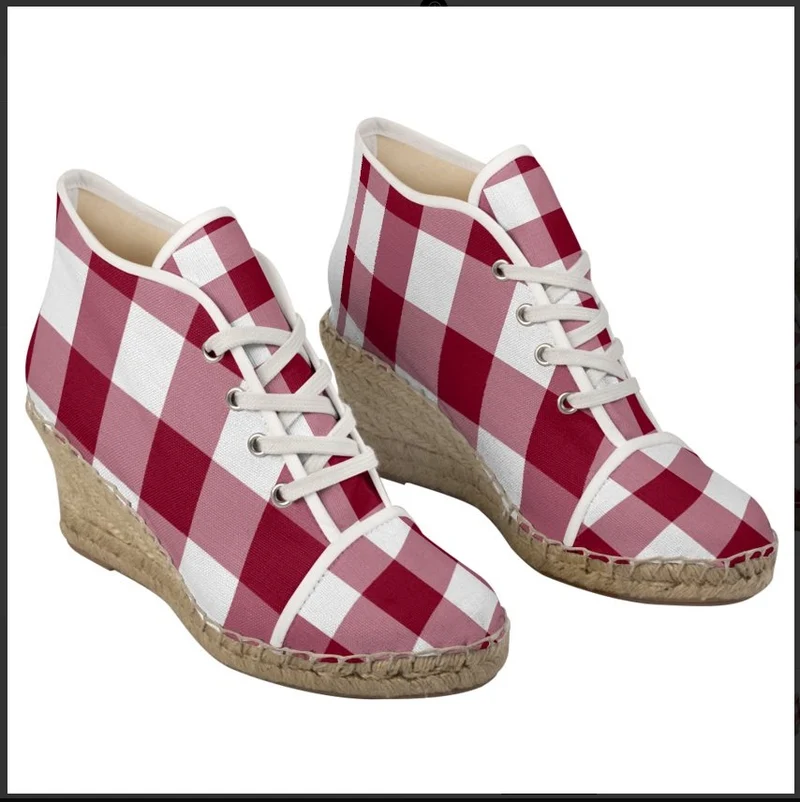 Espadrilles compensées tissu carreaux vichy rouge