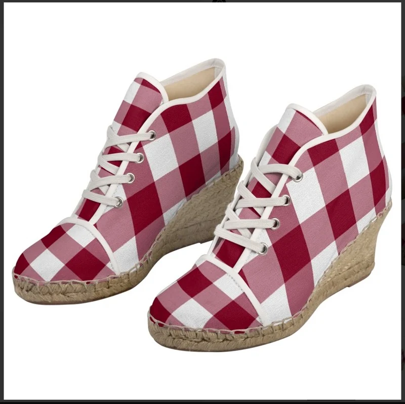Espadrilles compensées tissu carreaux vichy rouge