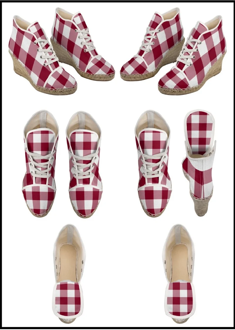 Espadrilles compensées tissu carreaux vichy rouge