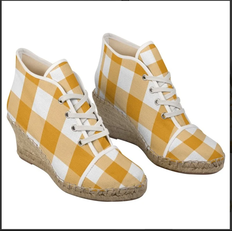 Espadrilles compensées tissu carreaux vichy orange