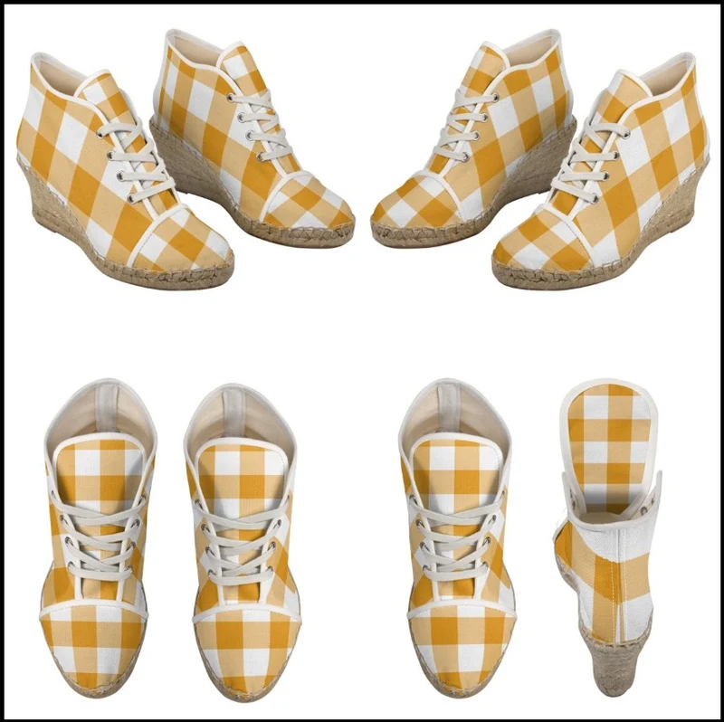 Espadrilles compensées tissu carreaux vichy orange