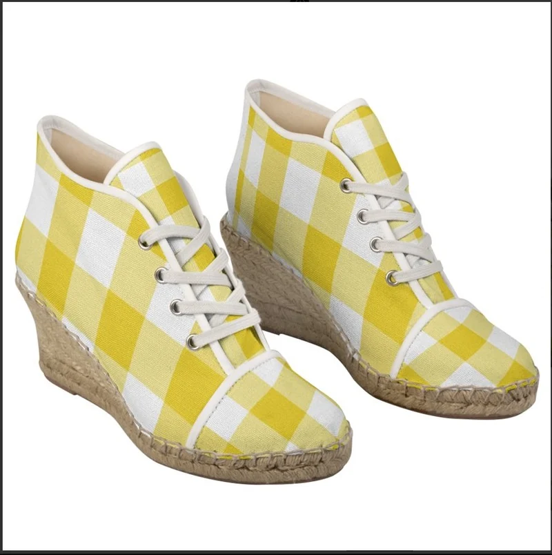 Espadrilles compensées tissu carreaux vichy jaune