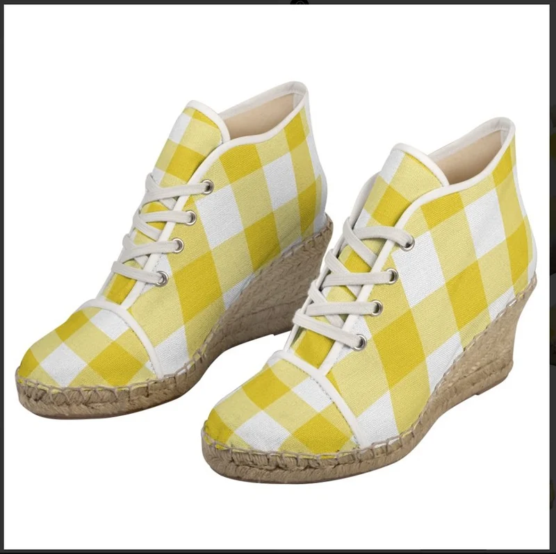 Espadrilles compensées tissu carreaux vichy jaune