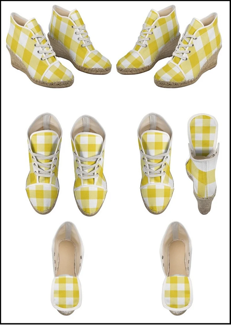Espadrilles compensées tissu carreaux vichy jaune