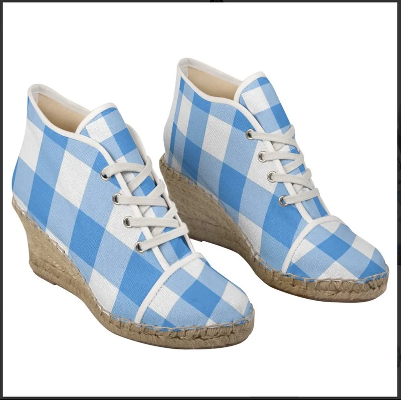Espadrilles compensées tissu carreaux vichy bleu