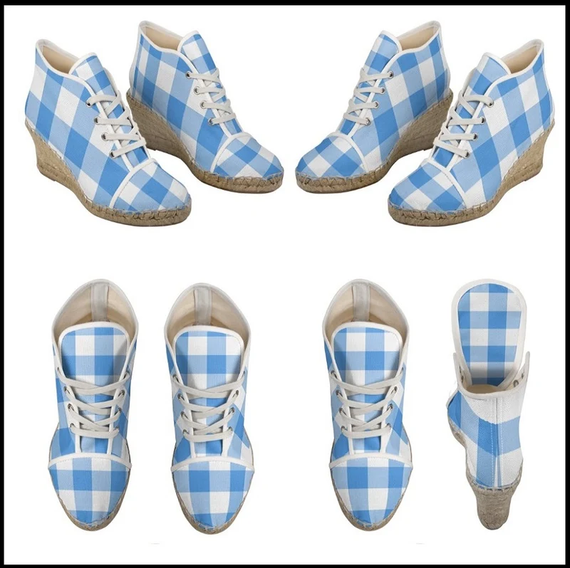 Espadrilles compensées tissu carreaux vichy bleu