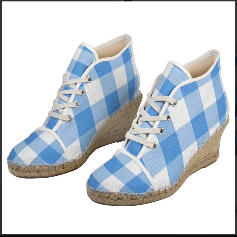 Espadrilles compensées tissu carreaux vichy bleu