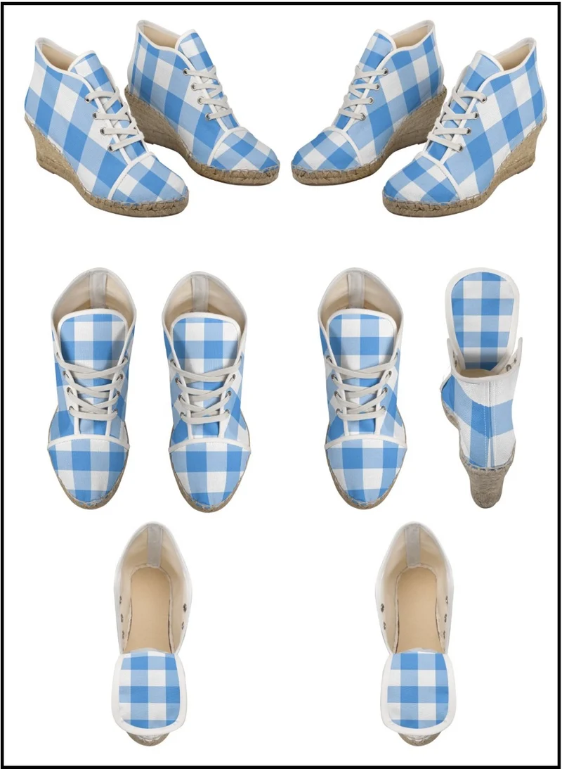 Espadrilles compensées tissu carreaux vichy bleu