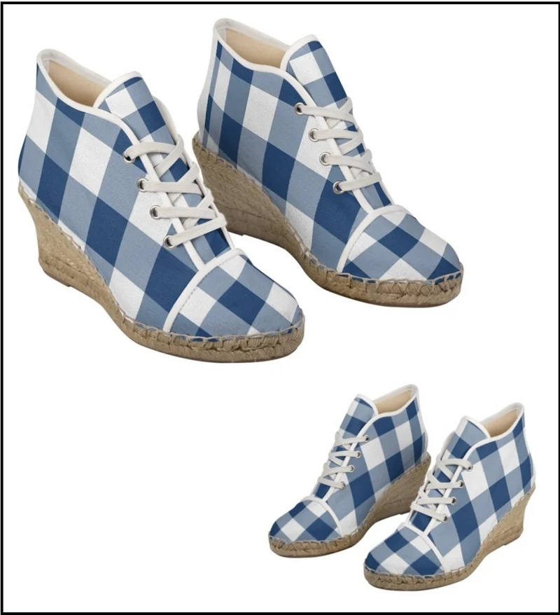 Espadrilles compensées tissu carreaux vichy bleu