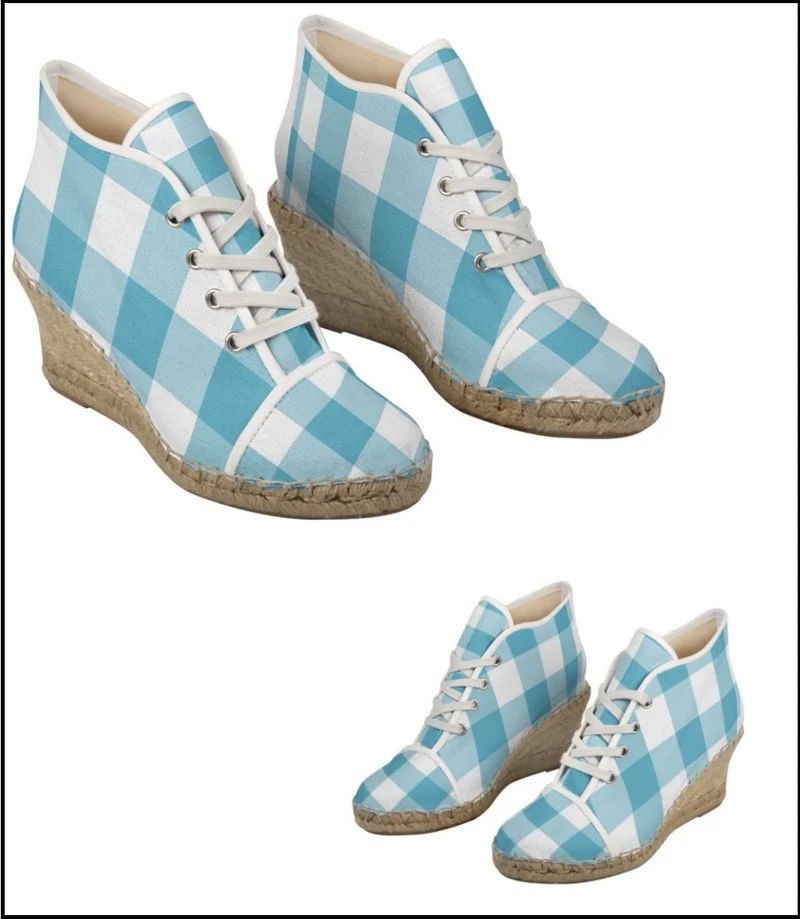 Espadrilles compensées tissu carreaux vichy bleu