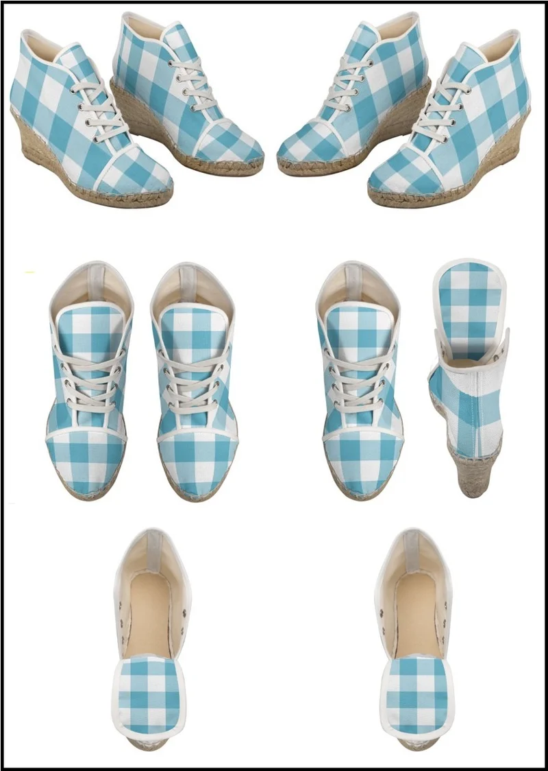 Espadrilles compensées tissu carreaux vichy bleu