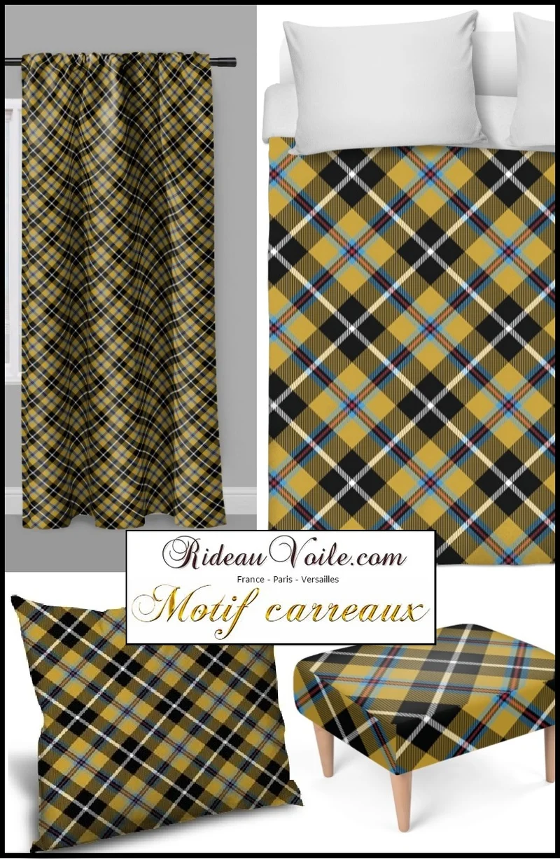 Tissu ameublement imprimé motif écossais tartan carreaux jaune au mètre rideau voilage