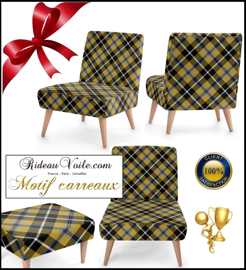 Tissu ameublement imprimé motif écossais tartan carreaux jaune au mètre rideau voilage