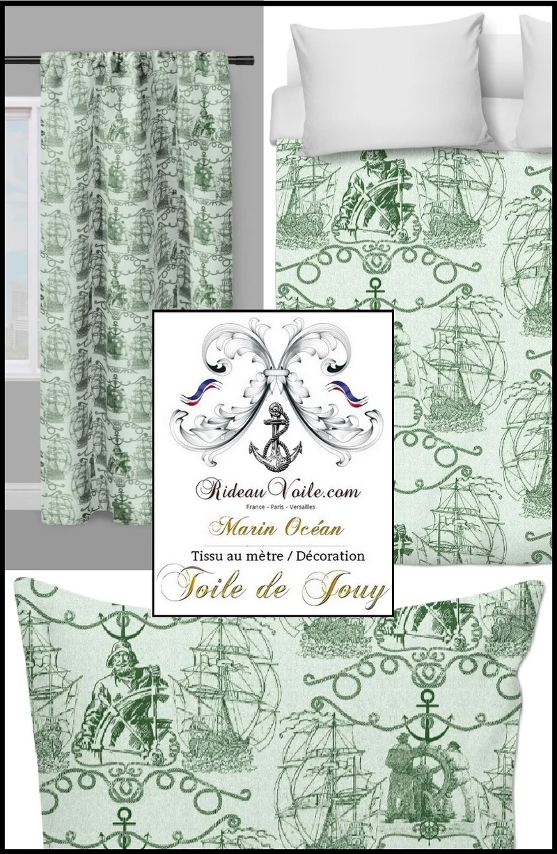 Tissu ameublement Toile de Jouy motif poissonnier Marin pêcheur bateau mètre vert