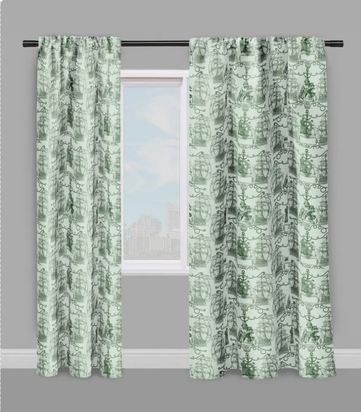 Tissu ameublement Toile de Jouy motif poissonnier Marin pêcheur bateau mètre vert