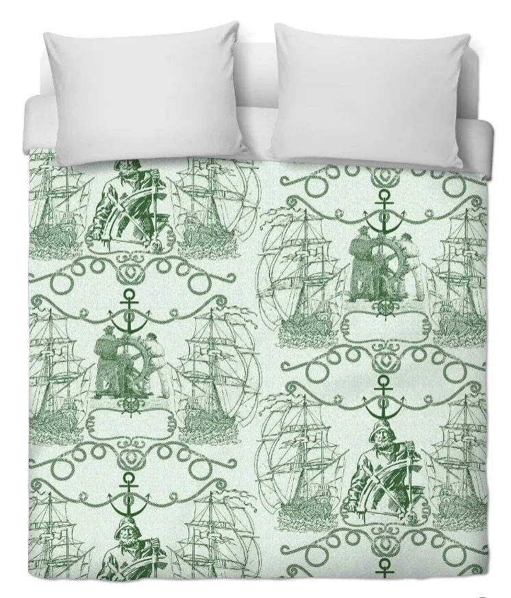 Tissu ameublement Toile de Jouy motif poissonnier Marin pêcheur bateau mètre vert